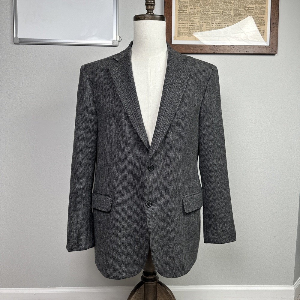 Brooks Brothers 346 Blazer Men 44R Grey Herringbone Tweed Wool Sport Coat - Picture 1 of 16
